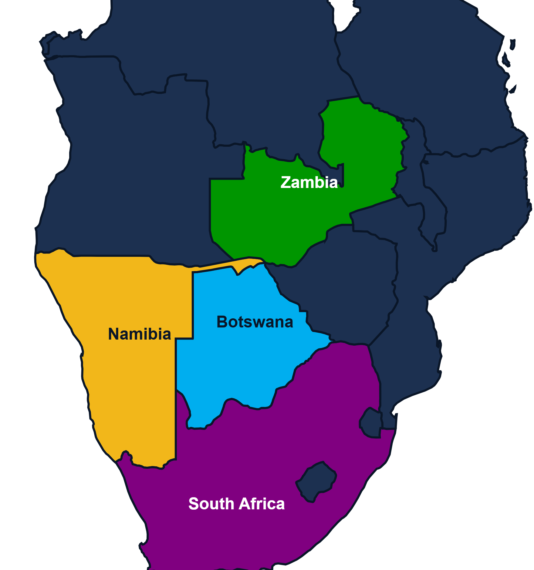 Map of southern Africa highlighting Zambia, Botswana, Namibia and South Africa